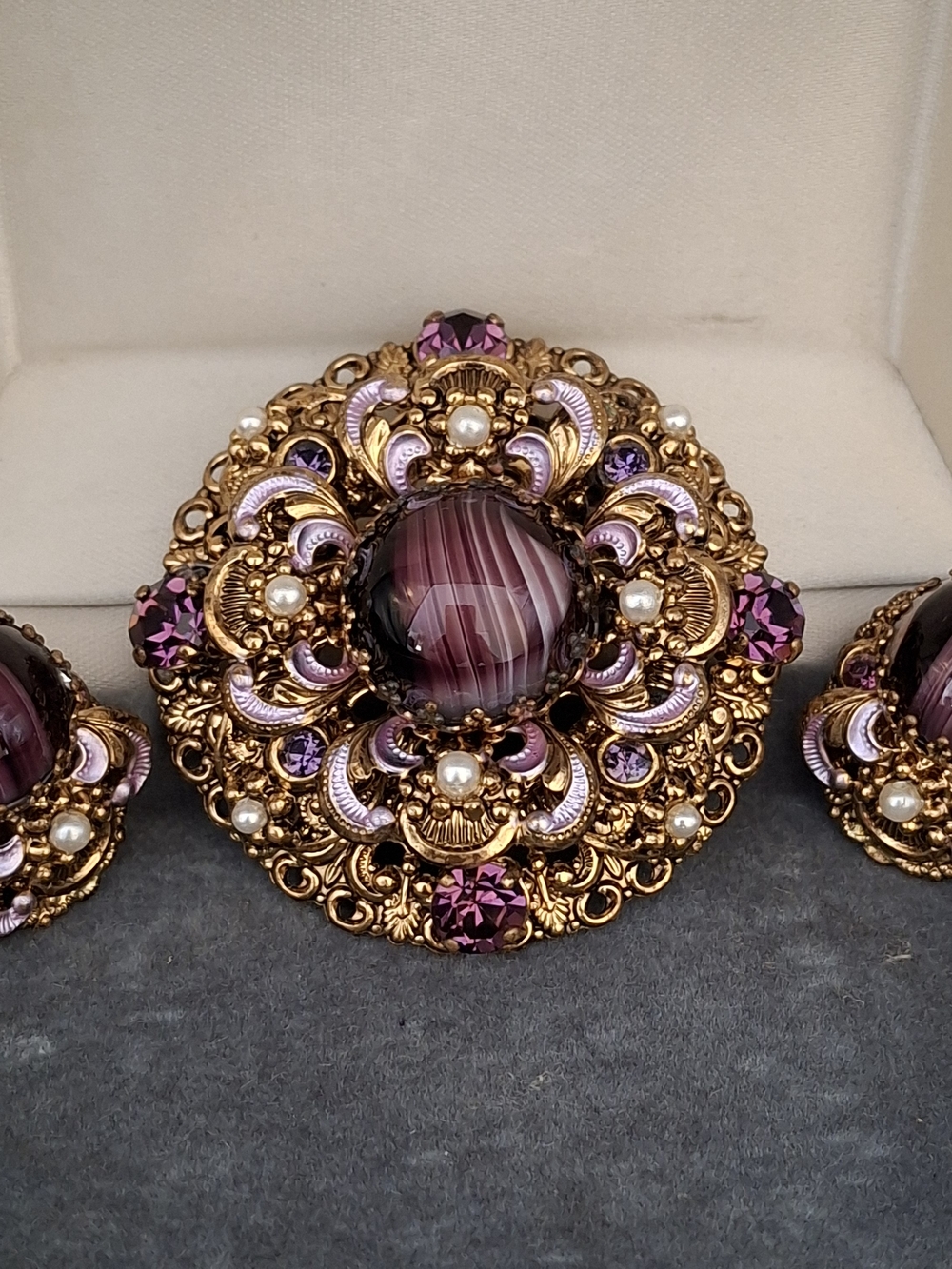 Ornate Purple Glass Cabochon Brooch with Faux Pearl Accents